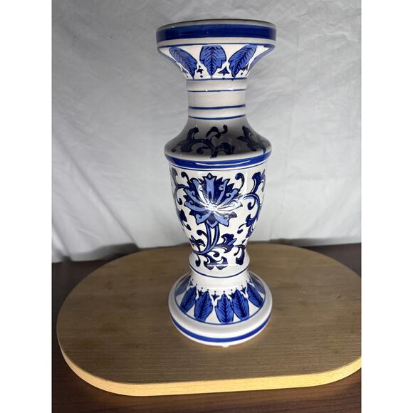 12 inch Hand Painted Blue and White Ceramic Candle Holder - Picture 1 of 7